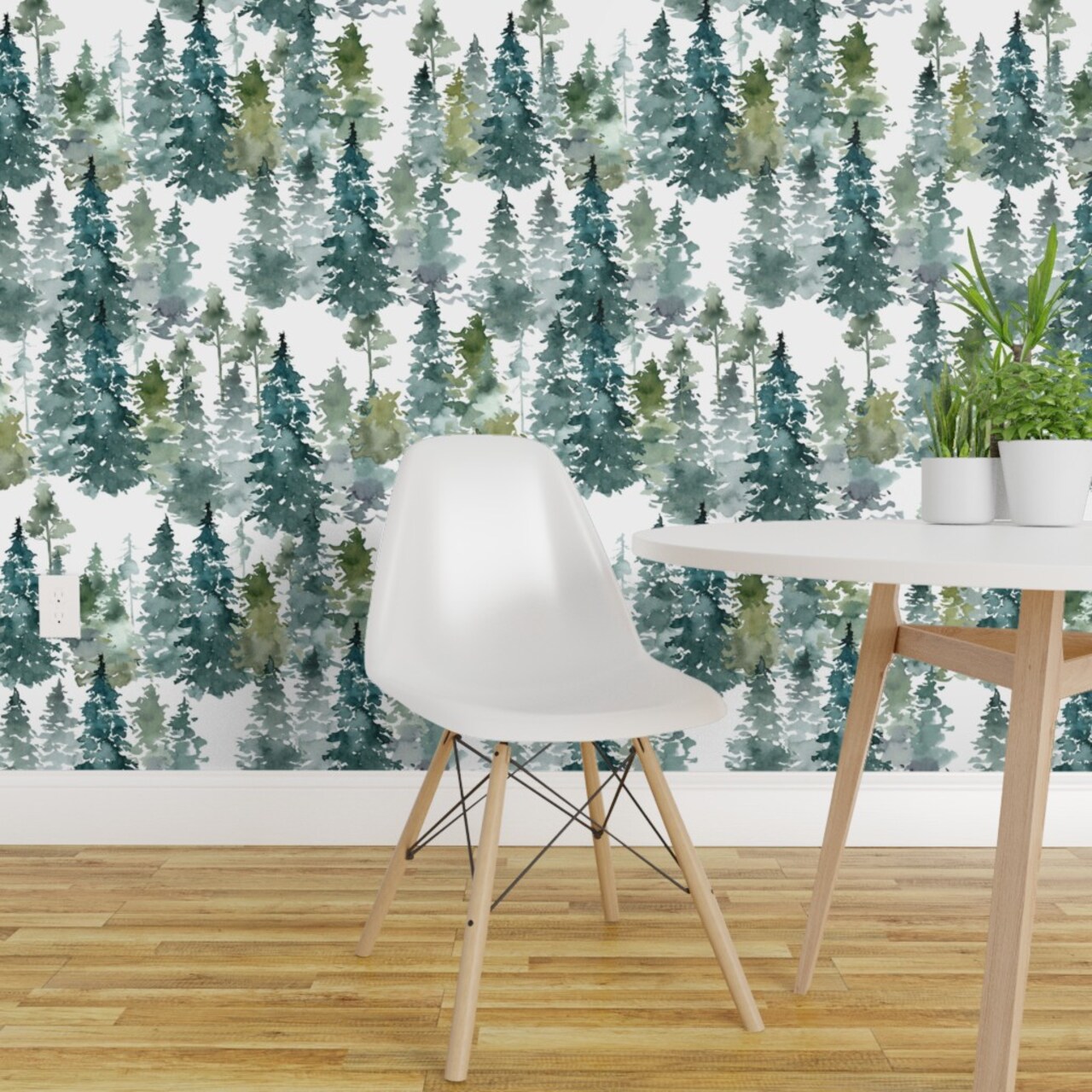Peel & Stick Wallpaper 2FT Wide Woodland Pine Trees White Winter Christmas Snowy Watercolor Green Holiday Forest Custom Removable Wallpaper by Spoonflower